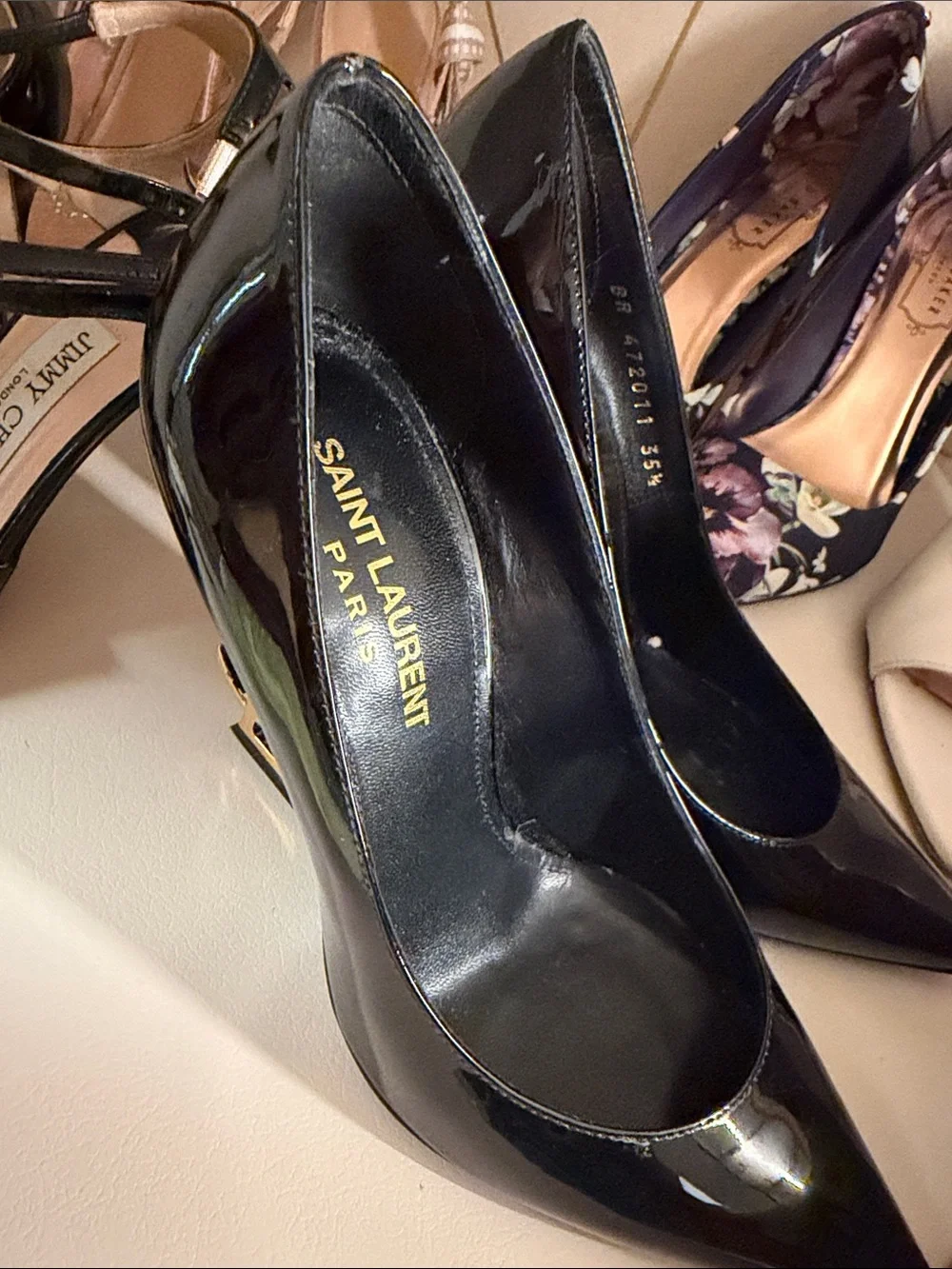 Saint Laurent Black Patent Pumps with Gold YSL Logo Heel - Picture 7 of 8